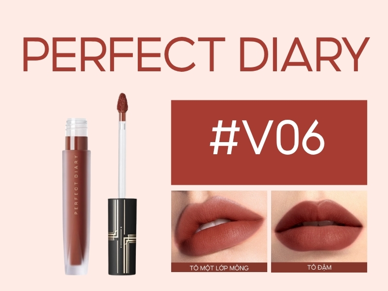 943f33d1-son-mau-do-dat-dep-6 Son môi Perfect Diary #V06 với cọ và hình ảnh minh họa hai kiểu tô son khác nhau.