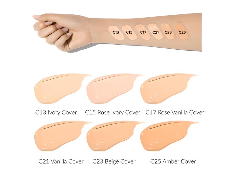 9603a95c-cushion-cho-da-kho-10 Cánh tay với các tông màu kem nền khác nhau, bên dưới là hình ảnh và tên của từng tông màu.
