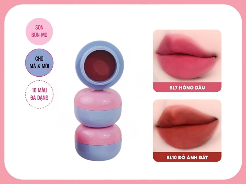 9672567e-son-merzy-mau-nao-dep-nhat-30 Hộp son môi hai tầng màu hồng và xanh, kèm hình ảnh minh họa màu son trên môi người mẫu.