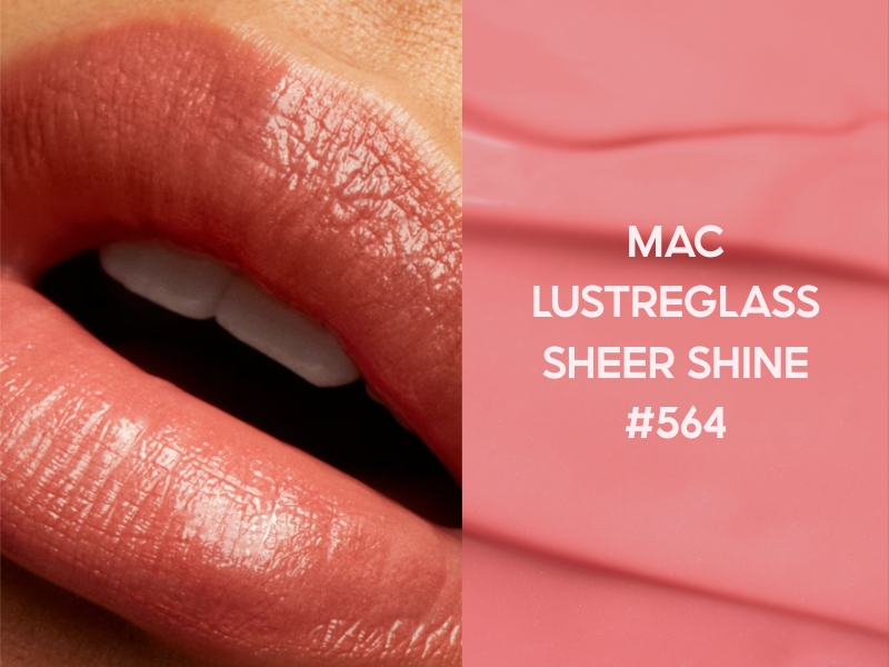 99e6be79-son-mau-san-ho-dep-13 Đôi môi với son bóng màu hồng nhạt, bên cạnh là tên sản phẩm MAC Lustreglass Sheer Shine #564.