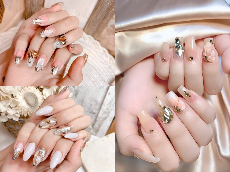 Bộ móng tay được trang trí với họa tiết đá, hoa nổi và màu sắc đa dạng trên nền ánh kim.