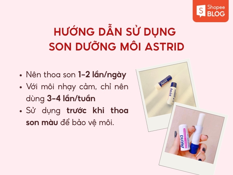 9b2b6eea-son-duong-astrid-co-tot-khong-8 Hướng dẫn sử dụng son dưỡng môi với hình ảnh sản phẩm và thông tin tần suất sử dụng trên nền màu hồng.