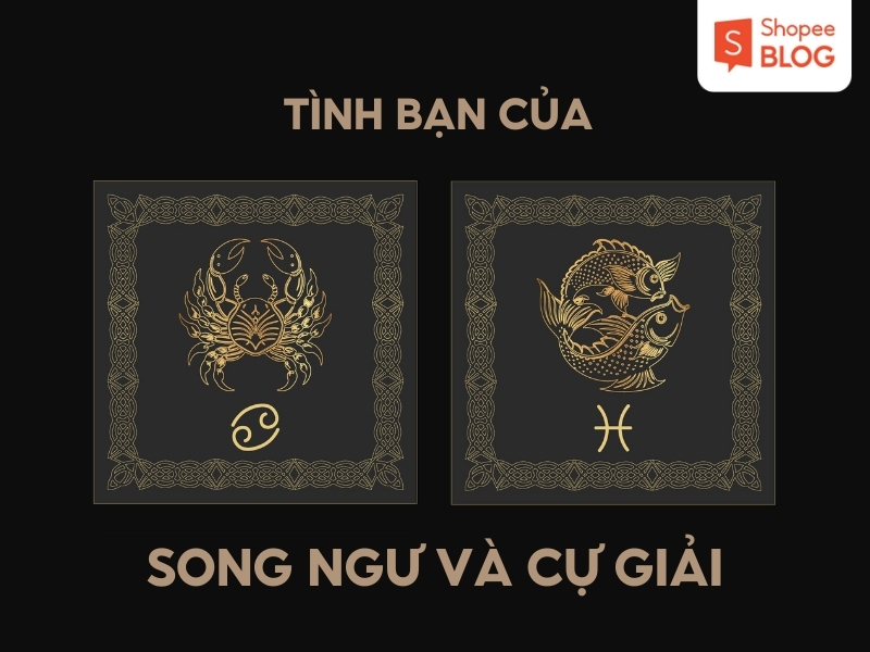Hình ảnh biểu tượng cung Cự Giải và Song Ngư trên nền đen với khung trang trí.