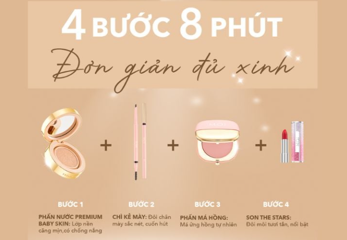 Hướng Dẫn Trang Điểm Cấp Tốc: 4 Bước Nhanh Gọn Trong 8 Phút Cho Ngày Bận Rộn 5 Hình ảnh hướng dẫn trang điểm gồm phấn nước, chì kẻ mày, phấn má hồng và son môi trong 4 bước.