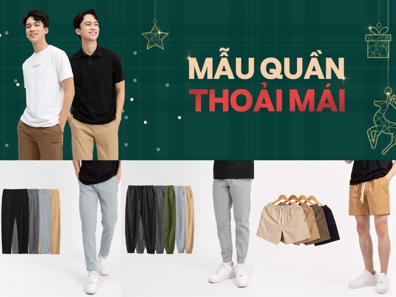 Hình ảnh quảng cáo quần nam với nhiều kiểu dáng và màu sắc, có chữ "Mẫu quần thoải mái".