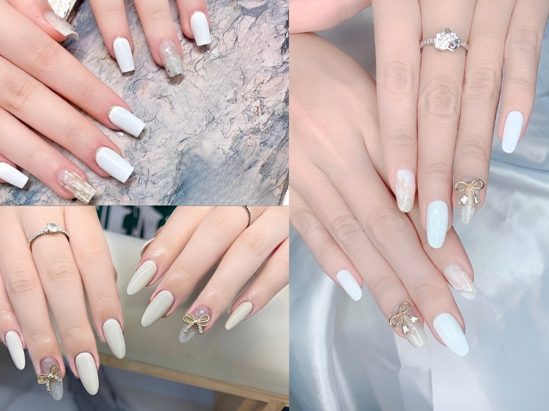 Bộ móng tay được sơn màu trắng và trang trí họa tiết kim loại, chụp từ nhiều góc độ khác nhau.