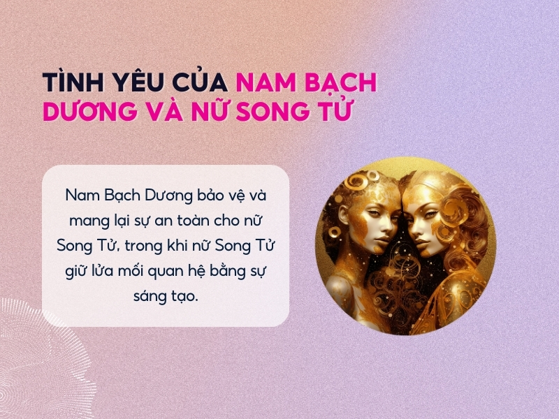 Hình ảnh minh họa tình yêu giữa nam Bạch Dương và nữ Song Tử, với văn bản giải thích đặc điểm mối quan hệ.