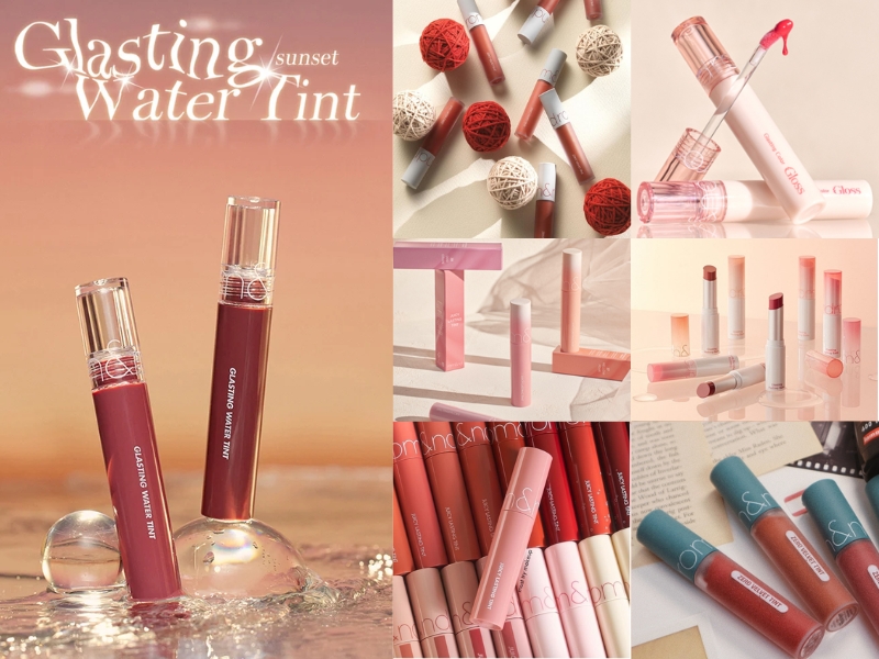 Bộ sưu tập son tint với nhiều màu sắc khác nhau, được sắp xếp trên nền sáng và nghệ thuật.