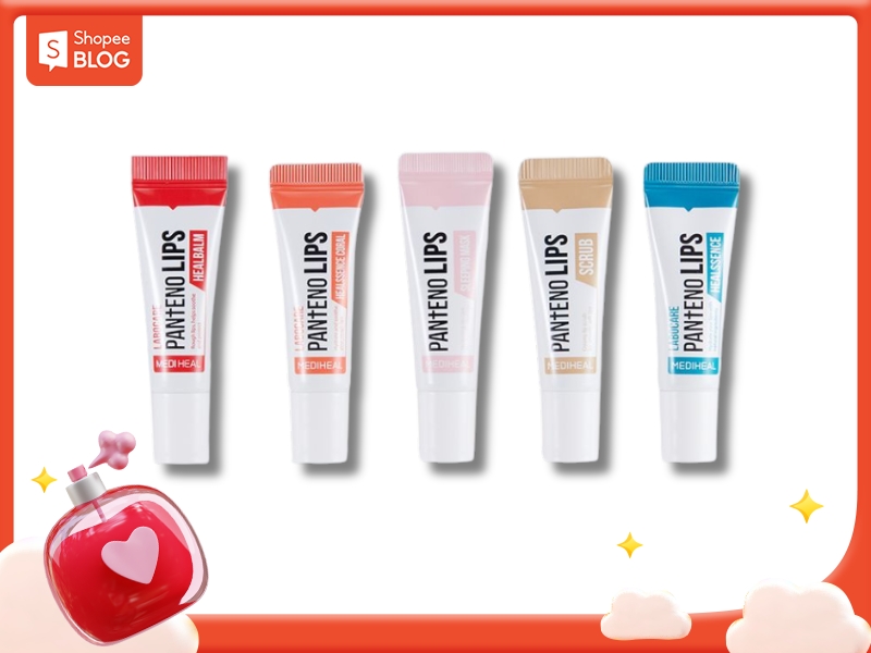 Son dưỡng Mediheal Panteno Lips Labocare Năm tuýp son dưỡng môi Panthenol với màu sắc khác nhau được sắp xếp trên nền trắng.