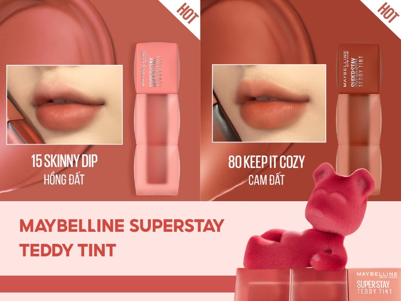 a4d281fc-review-son-maybelline-10 Hai thỏi son Maybelline Superstay với hai màu hồng đất và cam đất, kèm hình ảnh minh họa trên môi.
