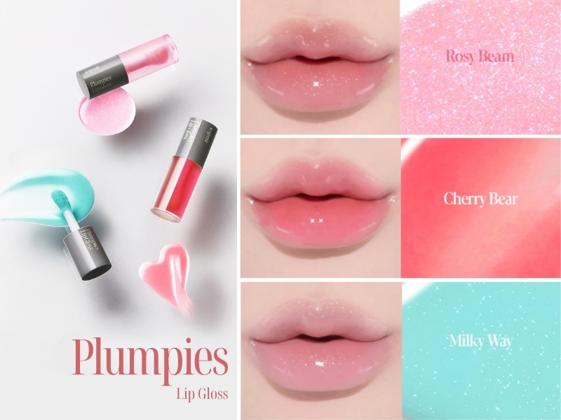 a6b8ee36-review-son-espoir-30 Ba màu son bóng Plumpies với hình ảnh môi mẫu và tên: Rosy Beam, Cherry Bear, Milky Way.