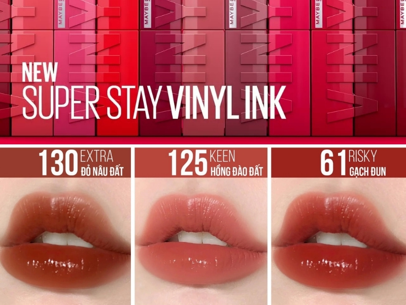 b2bc36ac-son-li-lau-troi-20 Hình ảnh giới thiệu ba màu son môi khác nhau thuộc dòng Super Stay Vinyl Ink với tên và mã màu.