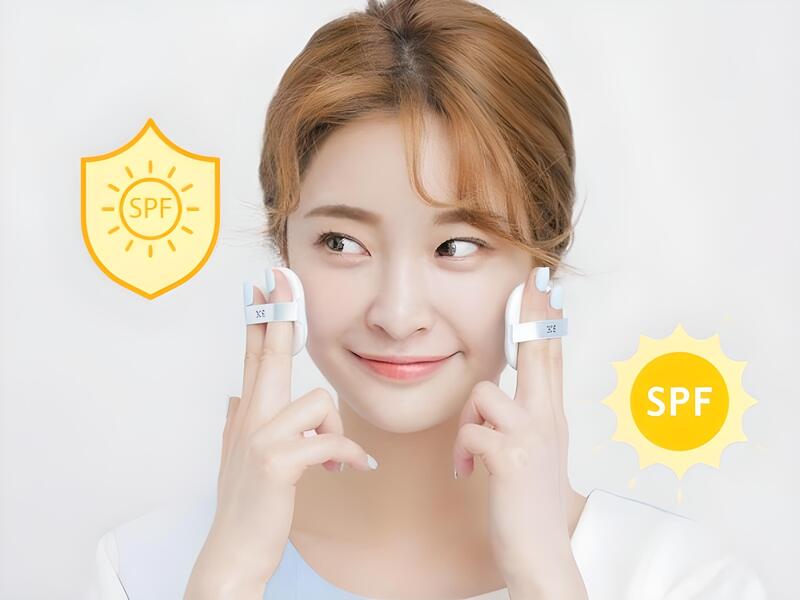 b47b58ad-cushion-cho-da-kho-1 Người phụ nữ cầm sản phẩm dưỡng da có chữ SPF, biểu tượng mặt trời bảo vệ da ở hai bên.
