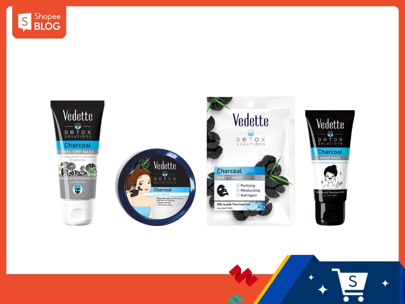 Bộ sản phẩm chăm sóc da Vedette Detox Solutions với than hoạt tính, gồm mặt nạ lột, mặt nạ dưỡng và kem bôi mũi.