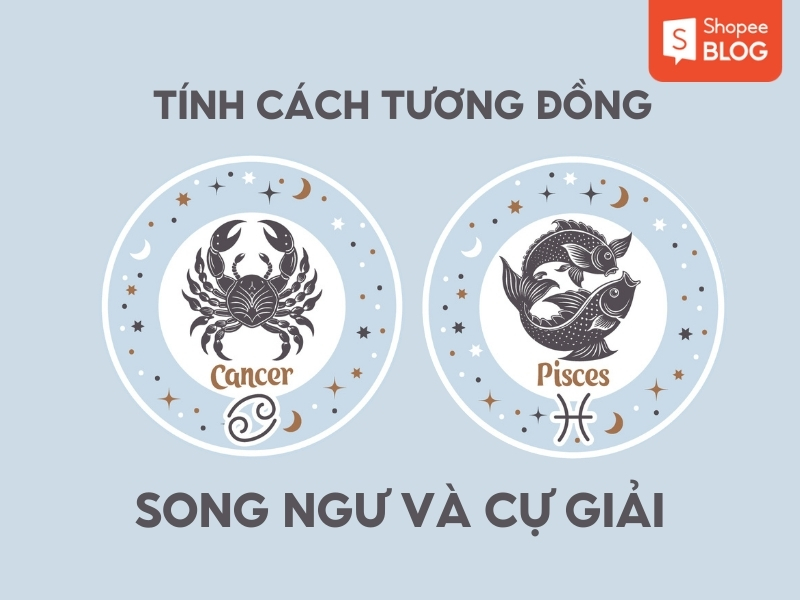 Hình ảnh biểu tượng Cự Giải và Song Ngư với họa tiết ngôi sao và mặt trăng trên nền xanh nhạt.