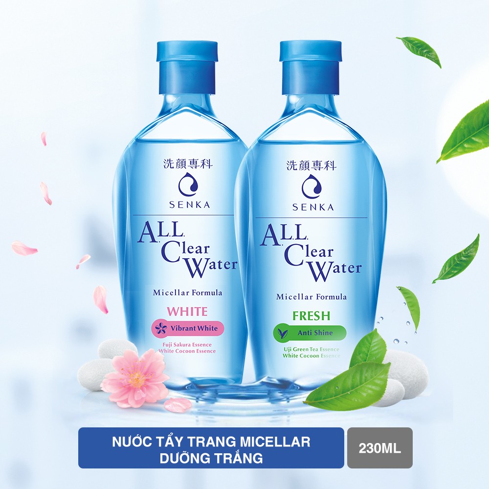 b71c49ed54821d0b52a28823c1c10e49 Hai chai nước tẩy trang micellar Senka với thiết kế màu xanh, dung tích 230ml, kèm hoa và lá trang trí.