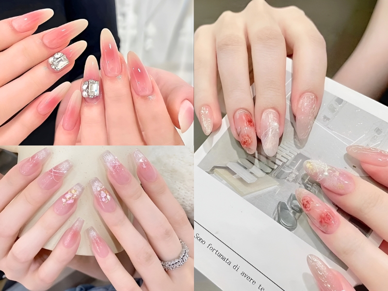 Bộ móng tay với các kiểu trang trí nghệ thuật khác nhau, có đính đá và hoa văn tinh tế.