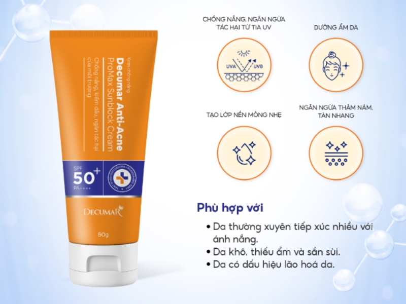 Tuýp kem chống nắng màu cam với thông tin bảo vệ da và các biểu tượng minh họa công dụng trên nền xanh nhạt.