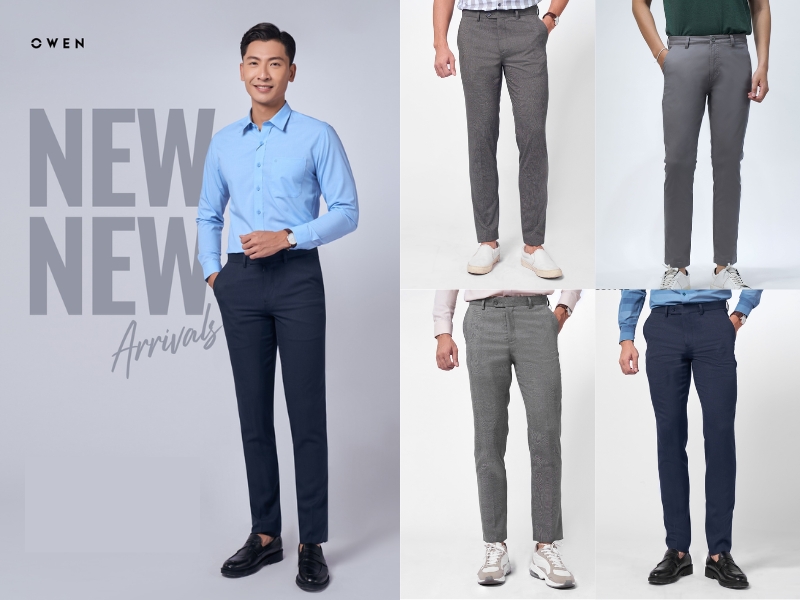 Người mẫu nam mặc áo sơ mi xanh và quần âu. Bên cạnh là các mẫu quần âu khác nhau.