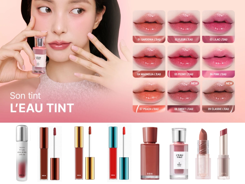 Người cầm son tint L'Eau Tint, bảng màu môi kèm tên từng màu, dưới là hình các sản phẩm son khác nhau.