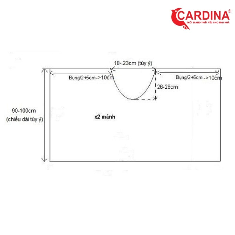 Bản vẽ kỹ thuật với các kích thước cho một mẫu may trang phục, có logo thương hiệu ở góc trên bên phải.
