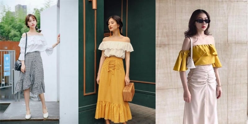 Bắp chân to mặc váy gì? Ba người mặc áo trễ vai phối với váy, tạo dáng trước các bối cảnh khác nhau, thể hiện phong cách thời trang hè.