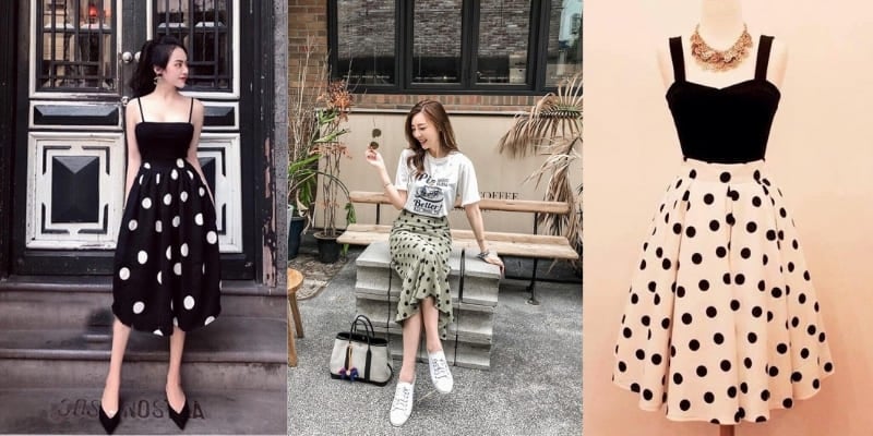Bắp chân to mặc váy gì? Ba bộ trang phục với váy chấm bi: một váy đen, một váy xanh lá và một váy trắng trưng bày trên mannequin.