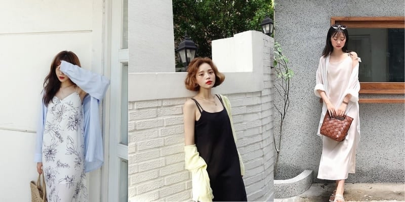 Ba người mặc váy thời trang đứng trước các bức tường khác nhau, mỗi người mang phong cách riêng biệt.