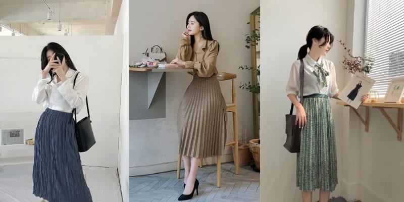 Ba người phụ nữ mặc trang phục thời trang, đứng và ngồi trong các không gian nội thất khác nhau.