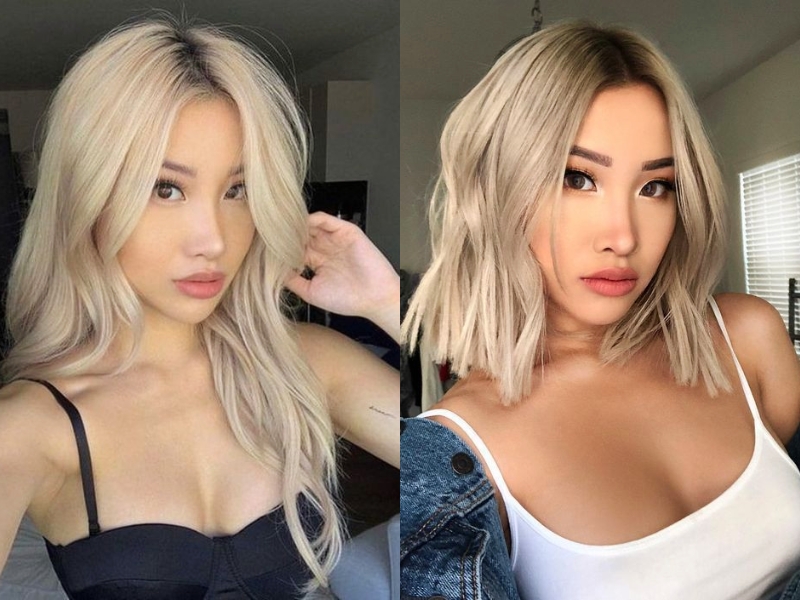 Hai bức ảnh một người với hai kiểu tóc vàng khác nhau, một dài thẳng và một ngắn ngang vai.