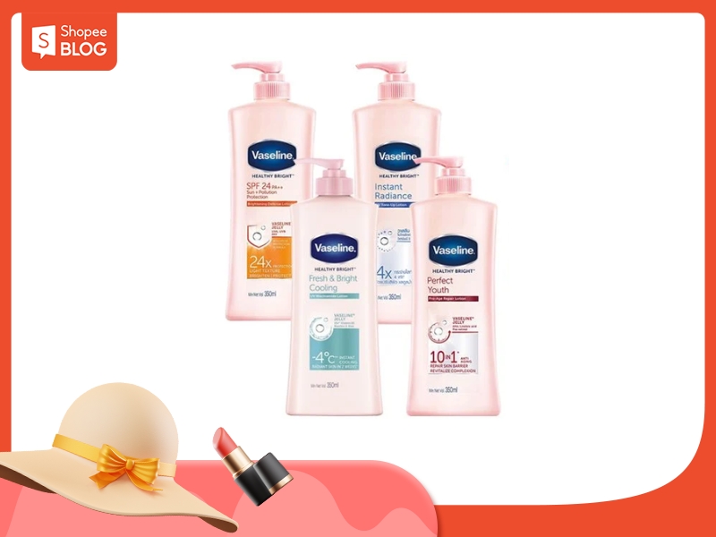 Bốn chai sữa dưỡng thể Vaseline với các công dụng khác nhau, nền trắng, góc dưới có mũ và thỏi son.