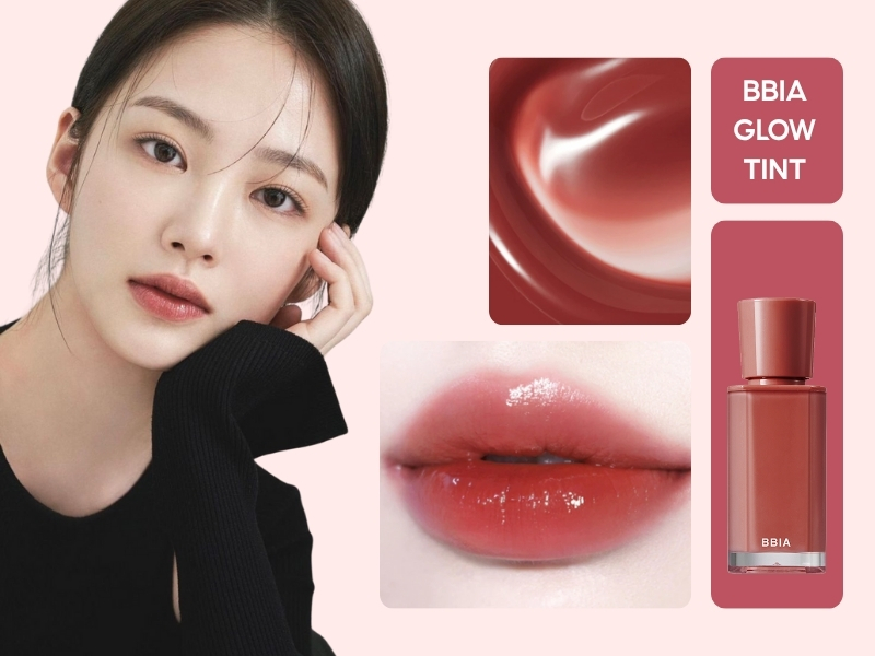 Người mẫu với son môi màu đỏ, hình ảnh cận cảnh sản phẩm son và đôi môi được tô son bóng.