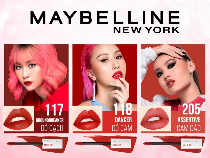 c31cbbb8-review-son-maybelline-25 Ba người mẫu trang điểm, mỗi người dùng một màu son Maybelline khác nhau: đỏ gạch, đỏ cam, cam đào.
