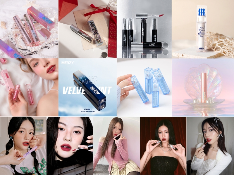 Hình ảnh các sản phẩm mỹ phẩm và người mẫu cầm son môi, nhiều màu sắc và kiểu dáng khác nhau.