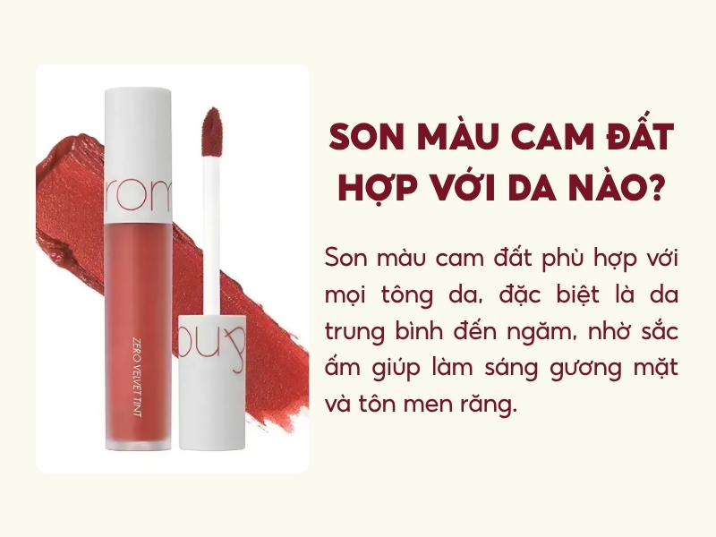 c8eee7ff-son-mau-cam-dat-dep-1 Hình ảnh thỏi son màu cam đất kèm cọ, nền chữ hỏi về sự phù hợp của màu son với các tông da.