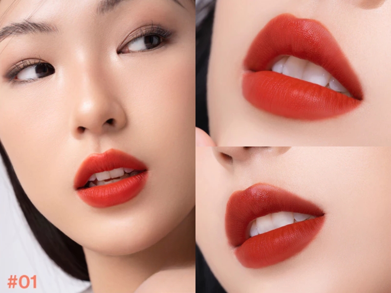 Cận cảnh gương mặt và đôi môi trang điểm với son đỏ, góc nhìn khác nhau.