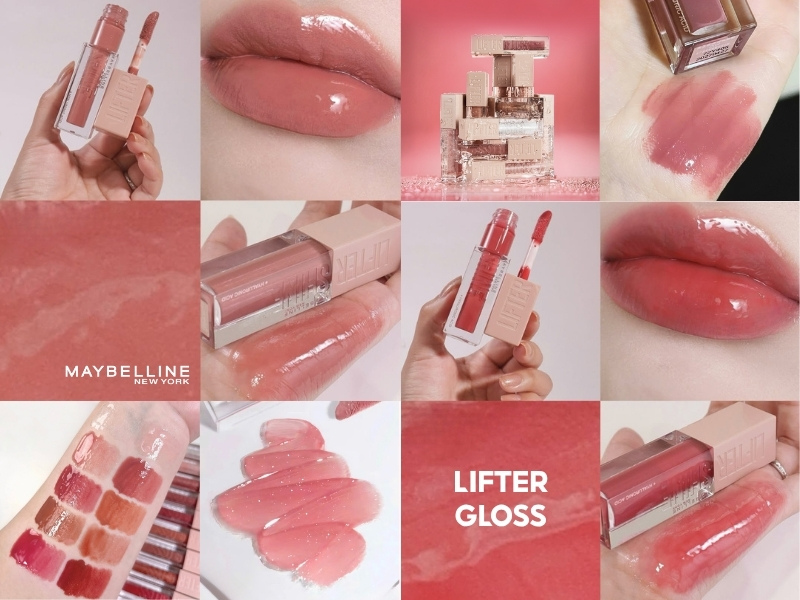 c9debb98-review-son-maybelline-3 Hình ảnh ghép son bóng màu sắc đa dạng, gồm ảnh cận cảnh sản phẩm và màu son trên môi, tay.