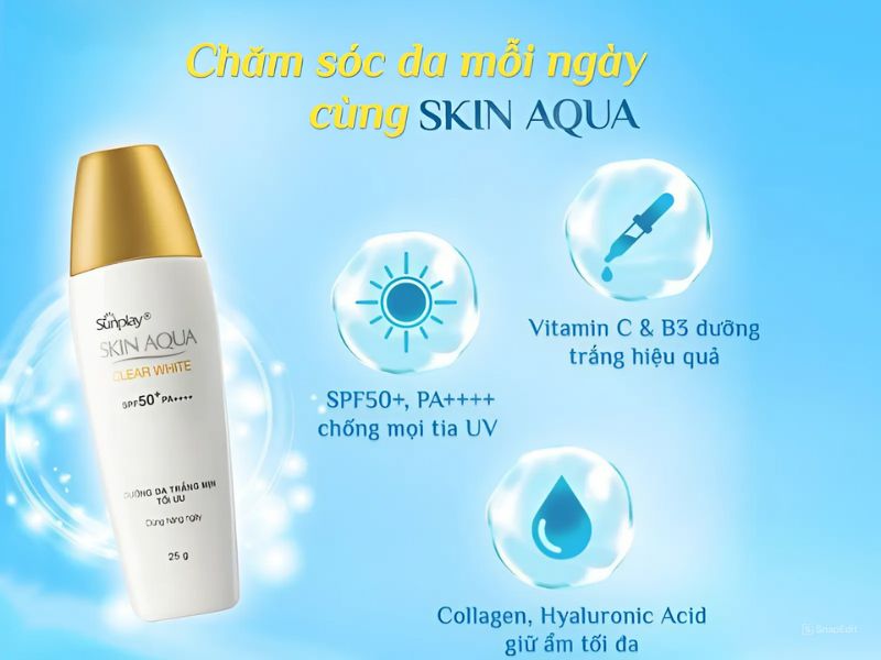c9e969a9-review-kem-chong-nang-skin-aqua1 Hình ảnh quảng cáo kem chống nắng Skin Aqua với thông tin về SPF50+, vitamin và các thành phần dưỡng da.