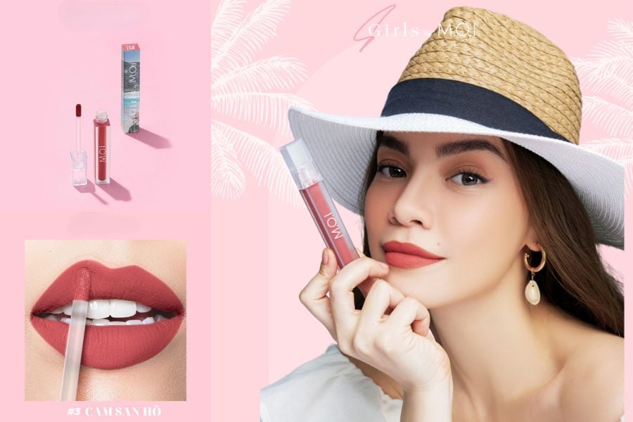 Người đội mũ rộng vành cầm son môi màu đỏ, bên cạnh là hình ảnh son và sản phẩm trong hộp.