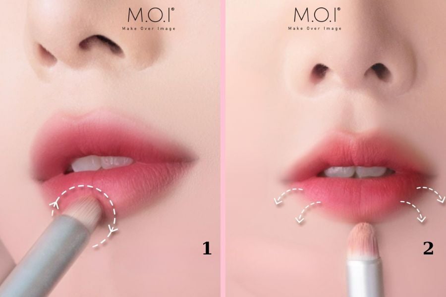 Hướng dẫn cách tô son môi bằng cọ, gồm hai bước với hình ảnh minh họa chi tiết.