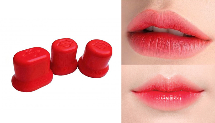 Ba dụng cụ làm đầy môi màu đỏ và hình ảnh đôi môi trang điểm đỏ.