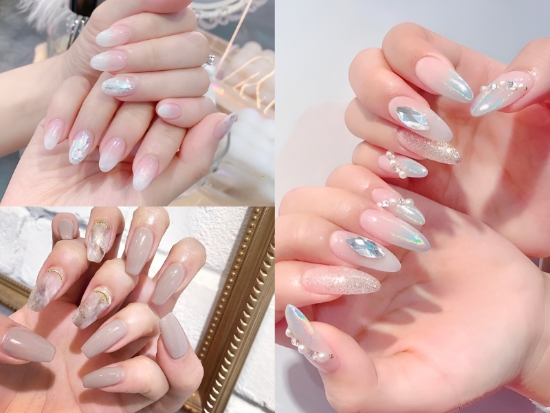 Bộ sưu tập móng tay được sơn và đính đá với nhiều kiểu dáng và màu sắc khác nhau, tạo nên vẻ đẹp tinh tế.