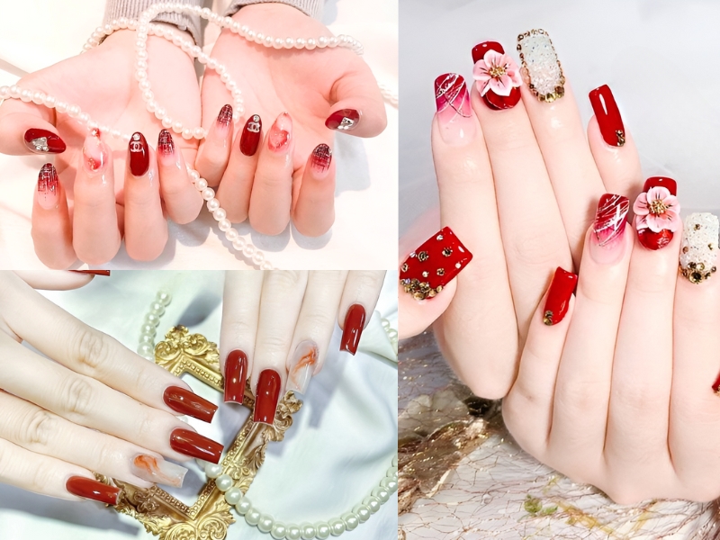 Ba kiểu móng tay đỏ với họa tiết trang trí khác nhau, bao gồm hoa, đá quý và đường kẻ, tạo sự nổi bật.