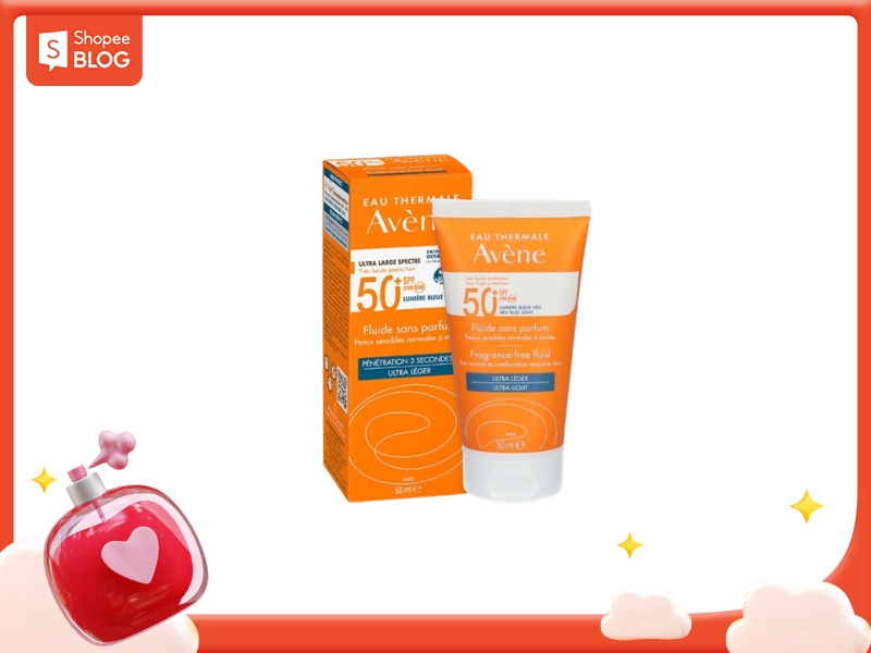 cfd78d53-kem-chong-nang-avene-cho-da-kho-5 Hộp và tuýp kem chống nắng Avène chỉ số SPF 50+ trên nền trắng, viền trang trí đỏ.