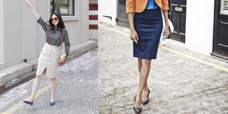 Hai người đang mặc chân váy bút chì, với giày cao gót, đứng trên vỉa hè và đường lát gạch.
