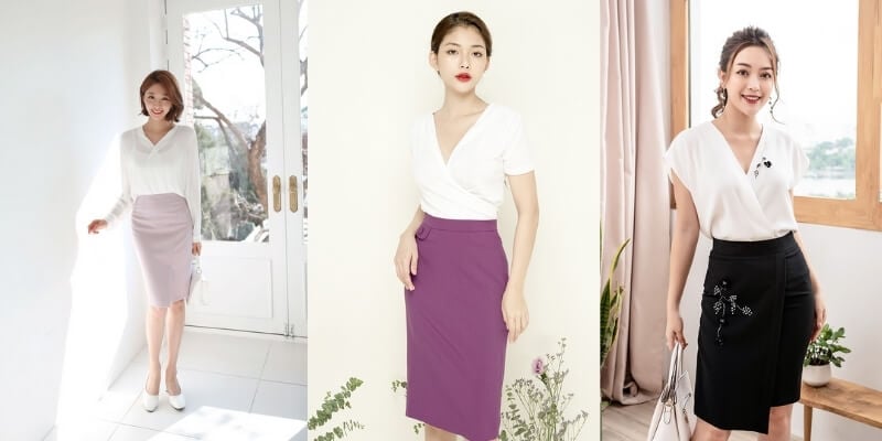 Ba người mặc váy bút chì với áo trắng trong các bối cảnh khác nhau, tạo dáng trước ống kính.