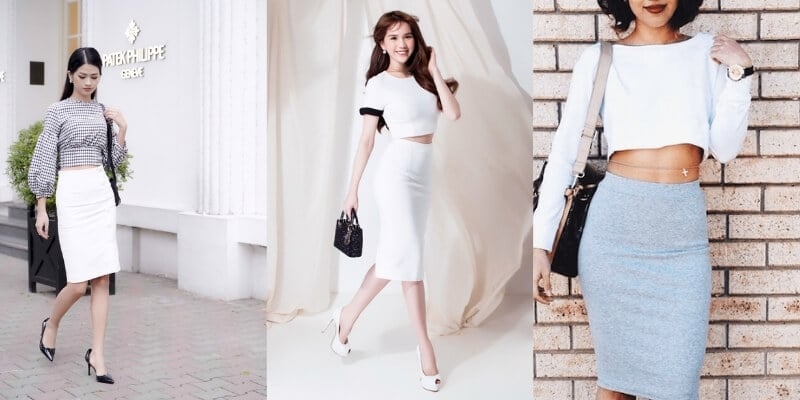 Ba người mẫu mặc trang phục công sở thanh lịch với áo crop top và chân váy bút chì trong các bối cảnh khác nhau.