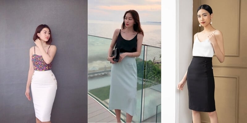 Ba người phụ nữ mặc trang phục thời trang đứng ở các vị trí khác nhau, bao gồm một ban công và phòng trong nhà.