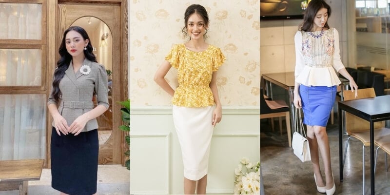 Ba người mẫu mặc trang phục công sở đa dạng, đứng trong các bối cảnh khác nhau với phong cách trang nhã.