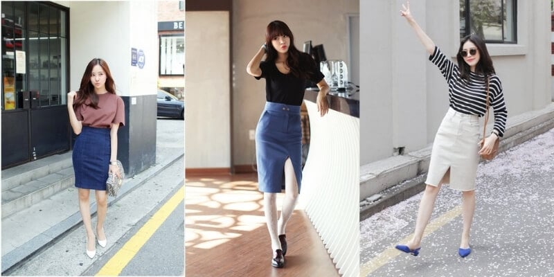 Ba người phụ nữ mặc chân váy bút chì, tạo dáng trong các bối cảnh khác nhau, phong cách thời trang đa dạng.